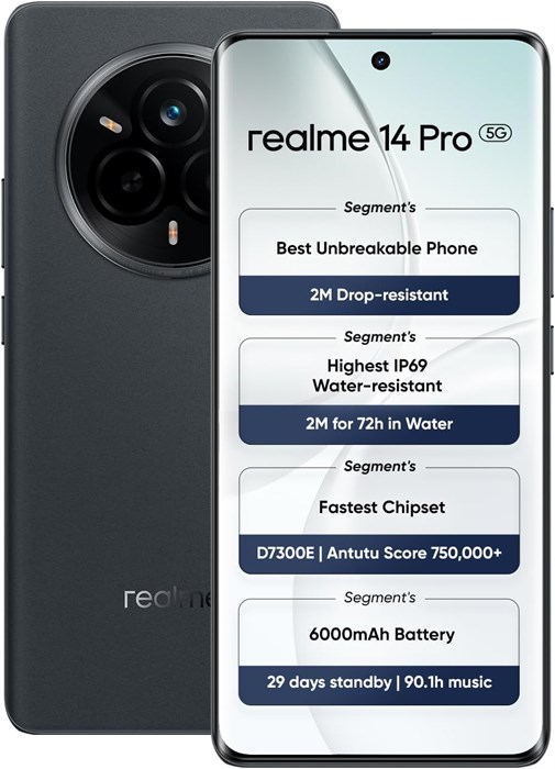 Смартфон Realme 14 Pro 5G | 12 ГБ ОЗУ, 256 ГБ ПЗУ | 6,77-дюймовый OLED-дисплей с частотой обновления 120 Гц | 50-мегапиксельная камера с оптической стабилизацией изображения | 6000 мА·ч | Android 15 | Защита от воды IP69 | Две SIM-карты | Гарантия 12 меся 1000004415 - фото 570224