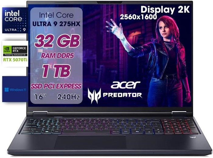 Игровой ПК Acer Predator Helios Neo 16 с ИИ, игровой ноутбук Ultra 9 275HX, 32 ГБ ОЗУ DDR5, SSD 1 ТБ PCIe, дисплей 16 дюймов WQXGA 240 Гц, видеокарта nVIDIA GeForce RTX 5070 Ti 12 ГБ GDDR7, игровая клавиатура для ноутбука RGB, W11 1000014761 - фото 570868