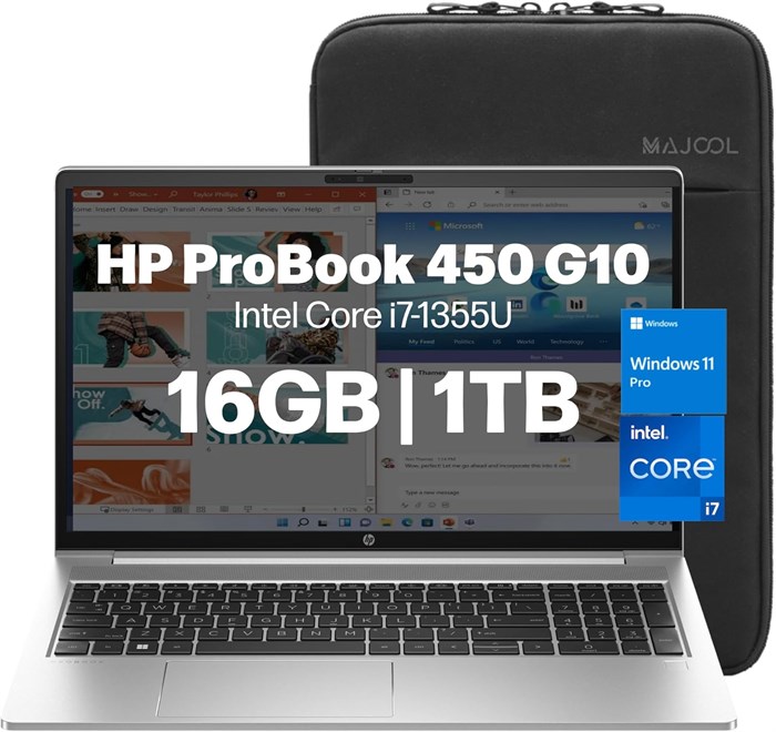 Ноутбук HP ProBook 450 G10 Business, дисплей FHD 15,6 дюйма, ноутбук для дома и бизнеса, процессор Intel i7 1355U (10 ядер), 16 ГБ ОЗУ, SSD на 1 ТБ, веб-камера, клавиатура с подсветкой, Wi-Fi 6, Windows 11 Pro, сумка HP (UBGRADE) 1000003308 - фото 571752