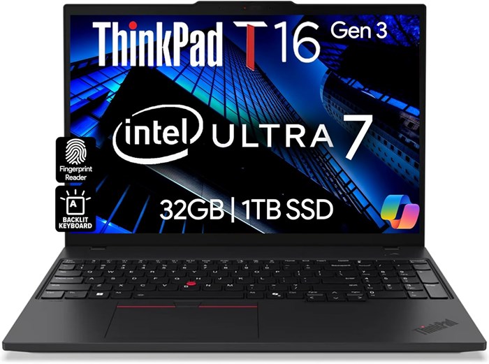 Бизнес-ноутбук Lenovo ThinkPad T16 Gen 3 с 16-дюймовым дисплеем FHD+, процессором Intel Ultra 7-155U (Beats i7-1355U), оперативной памятью DDR5 32 ГБ, твердотельным накопителем 1 ТБ, веб-камерой 5 МБ, Wi-Fi 6E + BT, RJ-45, HDMI, Windows 11 Pro, системой A 1000010603 - фото 571911