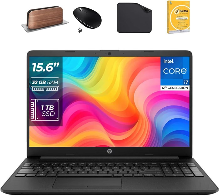 Ноутбук HP 15,6 дюйма — процессор Core i7-1255U 12-го поколения, 32 ГБ ОЗУ, твердотельный накопитель на 1 ТБ, Windows 11 Pro, дисплей FHD, веб-камера, Wi-Fi (в комплекте подставка для ноутбука 1st Wave + мышь + антивирус + коврик для мыши) 15s-fq5035ny 1000003601 - фото 572115