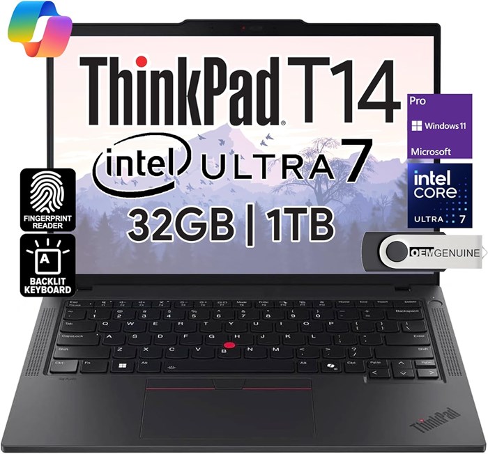 Бизнес-ноутбук Lenovo ThinkPad T14 Gen 5 с 14-дюймовым дисплеем FHD+ IPS, процессором Intel Ultra 7 155U, оперативной памятью DDR5 32 ГБ, твердотельным накопителем 1 ТБ, веб-камерой 5 Мп, сканером отпечатков пальцев, подсветкой, Wi-Fi 6E, двумя портами Th 1000003222 - фото 572152