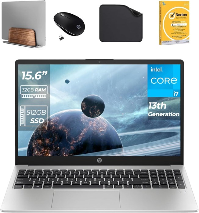 Дисплей HP FHD 15,6 дюйма, процессор Intel Core i7-1355U 13-го поколения, 32 ГБ ОЗУ, SSD-накопитель 512 ГБ, Windows 10 Pro, камера FHD 1080p (в комплекте подставка 1st Wave, беспроводная мышь, антивирус и коврик для мыши) — 250 G10-967U6ET 1000010689 - фото 572243