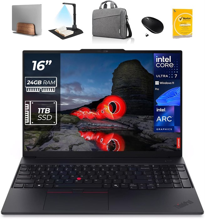 Ноутбук Lenovo ThinkPad E16 Gen 3 AI Business Laptop – Intel Ultra 7-255H, 24 ГБ оперативной памяти DDR5, твердотельный накопитель NVMe 1 ТБ, сканер отпечатков пальцев, Windows 11 Pro | В комплекте подставка для ноутбука 1st Wave, сканер документов, мышь, 1000003190 - фото 572342