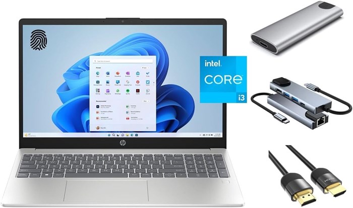 Ноутбук HP Daily Essential, 15,6-дюймовый FHD-дисплей, 8-ядерный процессор Intel i3-N305 (Beats i5-1135G7), 8 ГБ ОЗУ, SSD на 256 ГБ + портативный SSD на 256 ГБ, FP-ридер, веб-камера, клавиатура, Wi-Fi 6, комплект внешних накопителей «3 в 1», Windows 11 1000003488 - фото 573804