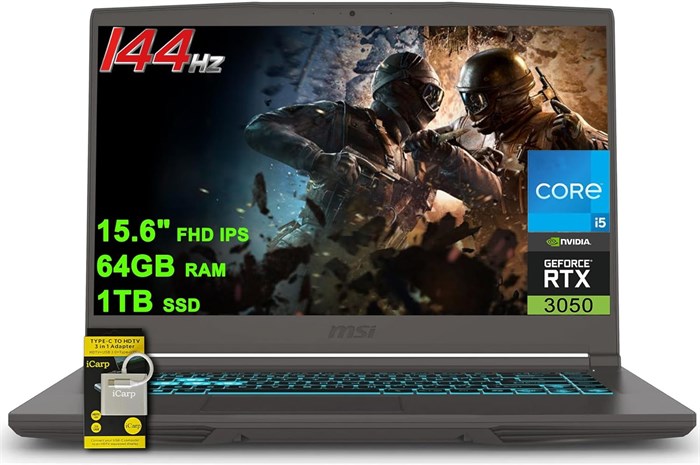 Игровой ноутбук MSI Thin 15 с дисплеем 15,6 дюйма, дисплеем FHD IPS, частотой 144 Гц, восьмиядерным процессором Intel i5-13420H (Beats i7-11800H), 64 ГБ ОЗУ, твердотельным накопителем на 1 ТБ, видеокартой GeForce RTX 3050 с подсветкой, USB-C, Win11 с ICP- 1000015098 - фото 575683