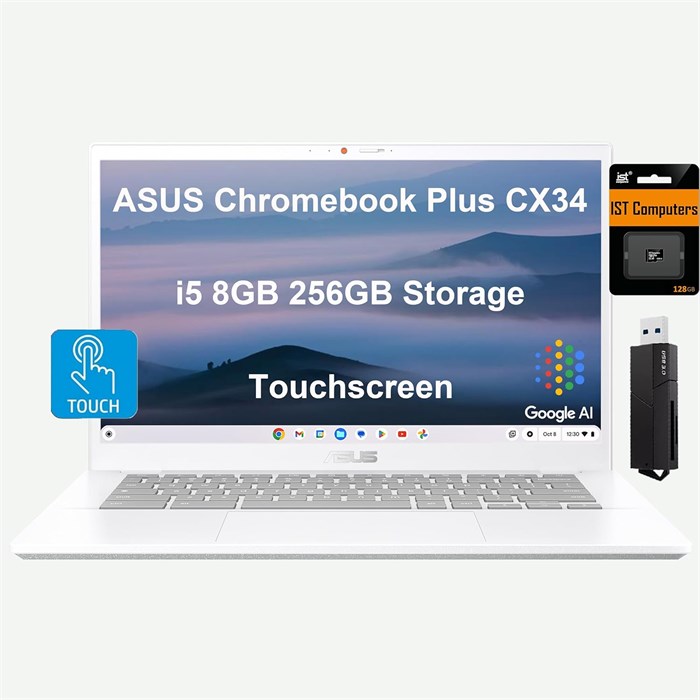 Ноутбук ASUS Chromebook Plus CX34 (14-дюймовый сенсорный экран FHD, 10-ядерный процессор Intel i5-1335U, 8 ГБ ОЗУ, 256 ГБ встроенной памяти (128 ГБ UFS + 128 ГБ IST SD-карта)), веб-камера FHD, Wi-Fi 6E, устройство чтения карт SD, Chrome OS, с Google AI 1000015118 - фото 575854