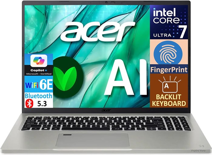Ноутбук Acer Aspire Vero 16 с искусственным интеллектом, 16-дюймовым дисплеем IPS WQXGA (процессор Intel Core Ultra 7 155U, 16 ГБ памяти LPDDR5X, твердотельный накопитель PCIe 512 ГБ, графика Intel, клавиатура с подсветкой, сканер отпечатков пальцев, 2 по 1000015147 - фото 576216