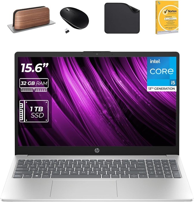 Ноутбук HP 15,6 дюйма — процессор Core i5-1334U 13-го поколения, 32 ГБ ОЗУ, твердотельный накопитель на 1 ТБ, Windows 11 Pro, дисплей FHD, веб-камера, Wi-Fi (в комплекте подставка для ноутбука 1st Wave + мышь + антивирус + коврик для мыши) 15-fd0499nia 1000015168 - фото 576445