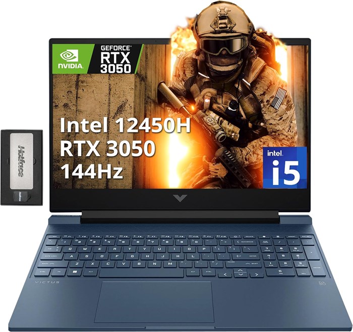 Игровой ноутбук HP Victus 15,6" FHD 144 Гц, Intel i5-12450H, 32 ГБ ОЗУ, SSD PCIe 1 ТБ, NVIDIA GeForce RTX 3050, клавиатура с подсветкой, FHD-камера, Wi-Fi 6, Windows 11, синий, комплект док-станции на 256 ГБ 1000003628 - фото 577062