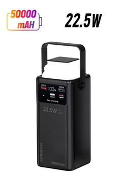 Внешний аккумулятор PD со светодиодным дисплеем и быстрой зарядкой 22,5 Вт с 4 встроенными кабелями и кемпинговым фонарем — черный 1000016806