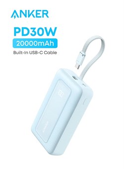 Zolo Power Bank, портативное зарядное устройство с высокой скоростью 20 000 мА·ч и мощностью 30 Вт со встроенным кабелем USB-C, аккумулятор для iPhone 17/17 Air/17 Pro/17 Pro Max/16 Series, Galaxy и других устройств (синий, 20 000 мА·ч) 1000016817