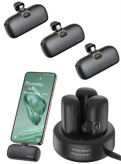 Внешний аккумулятор 5000 мА·ч, 3 компактных внешних аккумулятора с зарядной станцией, комплект для быстрой зарядки через USB-C, портативный внешний резервный аккумулятор, USB-C PD3.0 20 Вт, QC3.0 18 Вт 1000016818