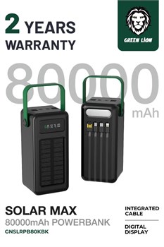 Внешний аккумулятор Solar Max 80000 мА·ч / Встроенные кабели / Функция Always on Display / 4 порта USB-A / Выход кабеля Type-C/Lightening/Micro / Вход кабеля USB-C/Lightening/Micro/USB / Внешний аккумулятор с полимерным аккумулятором 80000 мА·ч - черный 1000016880