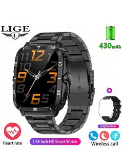 Умные часы для мужчин с HD-экраном 1,96 дюйма, большой батареей 430 мАч, более 100 спортивных режимов, стальные, черные, водонепроницаемые, IP67, дополнительный силиконовый ремешок 1000017166