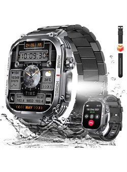 Военные умные часы для мужчин, водонепроницаемые 3 АТМ, с функцией вызова/светодиодным фонариком, 2,02-дюймовым HD-экраном, прочные тактические умные часы с компасом, фитнес-трекером с пульсометром/SPO2/измерителем артериального давления для iPhone Androi 1000017245