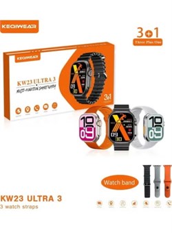 Умные часы KW23 Ultra 3 от Keqiwear | Фитнес-трекер с сенсорным экраном | Водонепроницаемые умные часы с оповещениями о звонках и сообщениях | В комплекте 3 ремешка + 1 | Совместимость с iOS и Android — для мужчин и женщин 1000017278