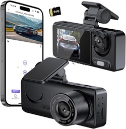 3-канальный видеорегистратор, камера 1080P Full UHD, передняя и задняя камера, встроенная карта памяти на 64 ГБ, встроенная система ночного видения, 2-дюймовый IPS-экран, широкоугольный объектив 170°, WDR, режим парковки 24 часа, циклическая запись 1000017322