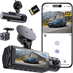 Видеорегистратор 4K WiFi спереди и сзади, 2160P+1080P+1080P FHD, 3-канальный, обзор 360° со всех сторон, бесплатная SD-карта на 64 ГБ, G-сенсор, WDR, ночное видение, круглосуточный мониторинг парковки 1000017324