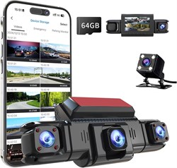 4-канальный видеорегистратор с обзором 360°, камера переднего и заднего вида, левый и правый салон для автомобилей, диапазон Wi-Fi 5G, ночное видение, широкоугольный объектив 170°, WDR, режим парковки 24 часа, суперконденсатор, карта памяти 64 ГБ в компле 1000017390