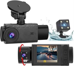 Автомобильный видеорегистратор STAYOUNG с тремя камерами 1080p спереди, сзади и в салоне, картой памяти на 32 ГБ, Wi-Fi, GPS, HDR, ночным видением, датчиком гравитации, циклической записью и функцией мониторинга парковки 1000017398