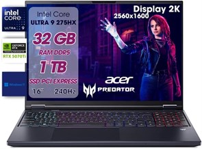 Игровой ПК Acer Predator Helios Neo 16 с ИИ, игровой ноутбук Ultra 9 275HX, 32 ГБ ОЗУ DDR5, SSD 1 ТБ PCIe, дисплей 16 дюймов WQXGA 240 Гц, видеокарта nVIDIA GeForce RTX 5070 Ti 12 ГБ GDDR7, игровая клавиатура для ноутбука RGB, W11 1000014761