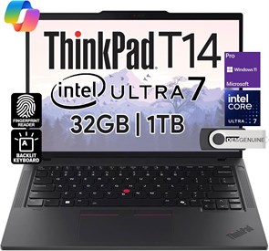 Бизнес-ноутбук Lenovo ThinkPad T14 Gen 5 с 14-дюймовым дисплеем FHD+ IPS, процессором Intel Ultra 7 155U, оперативной памятью DDR5 32 ГБ, твердотельным накопителем 1 ТБ, веб-камерой 5 Мп, сканером отпечатков пальцев, подсветкой, Wi-Fi 6E, двумя портами Th 1000003222