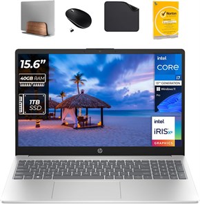 Ноутбук HP Business 15,6 дюйма — процессор Intel i7-1355U 13-го поколения, графика Iris X, 40 ГБ оперативной памяти DDR4, твердотельный накопитель 1 ТБ, Windows 11 Pro, веб-камера HD 720p (в комплекте подставка для ноутбука 1st Wave + мышь + антивирус + к 1000003489