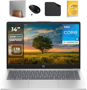 Ноутбук HP 14 дюймов — дисплей FHD, веб-камера, Wi-Fi — процессор Intel i5-1335U 13-го поколения, 32 ГБ ОЗУ, твердотельный накопитель на 1 ТБ, Windows 11 Pro (включает подставку для ноутбука 1-й волны + беспроводную мышь + антивирус + коврик для мыши) EP0 1000015057