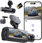 Видеорегистратор 4K WiFi спереди и сзади, 2160P+1080P+1080P FHD, 3-канальный, обзор 360° со всех сторон, бесплатная SD-карта на 64 ГБ, G-сенсор, WDR, ночное видение, круглосуточный мониторинг парковки 1000017324