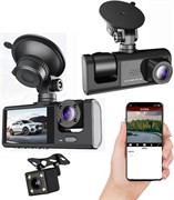 Автомобильный видеорегистратор MUNTAQI с передней и задней камерой, разрешением 1080P Full HD и 3 каналами, картой памяти 32 ГБ, широкоугольным объективом 170°+130°+120°, ИК-подсветкой, круглосуточным мониторингом парковки, G-сенсором, циклической записью 1000017435